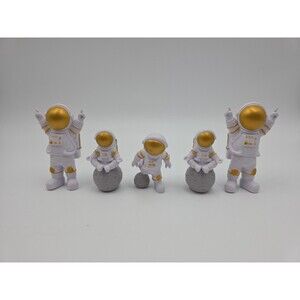 Lot Of  5 Astronaut Figurine Set White Gold Resin Decorative Statues Space Theme
